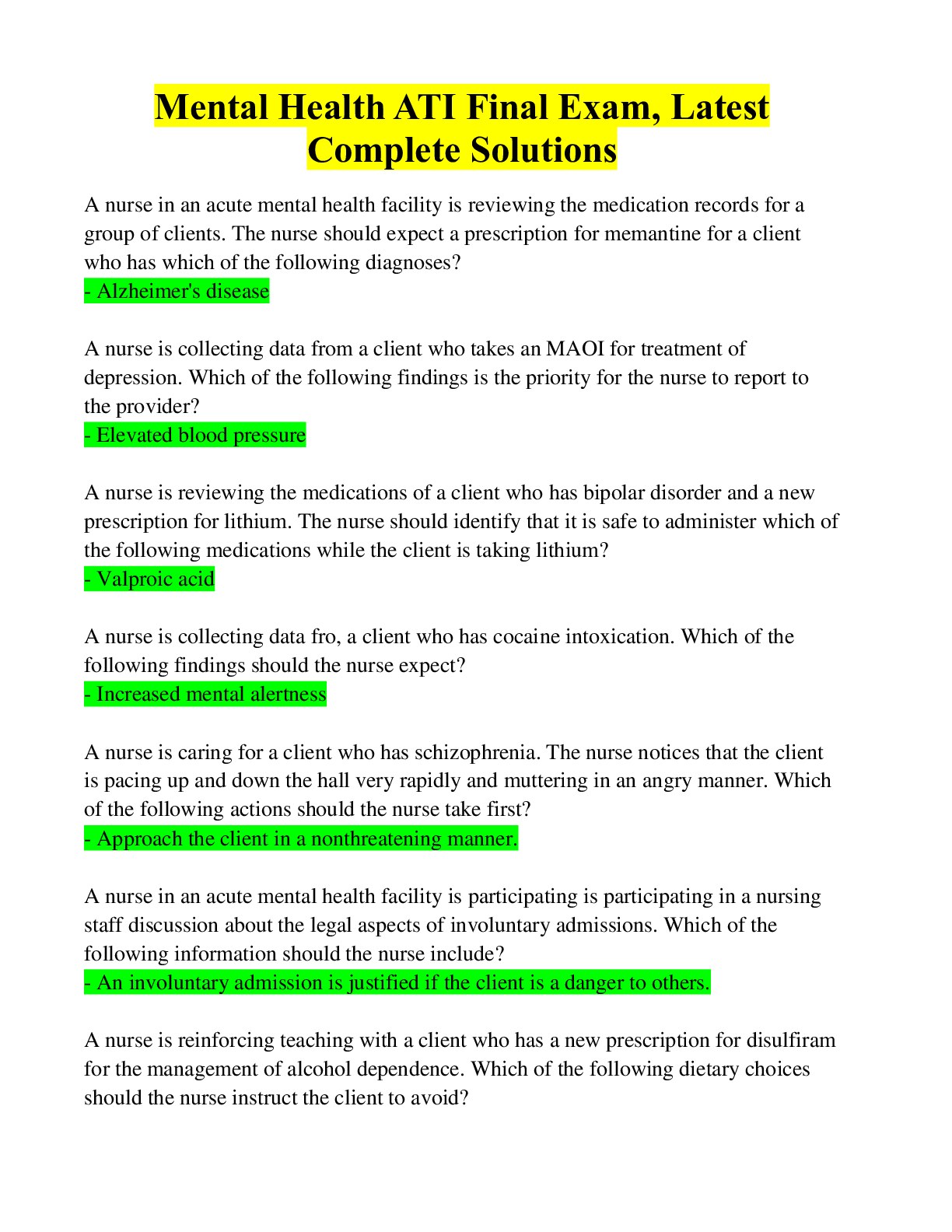 Preview image for Mental Health ATI Final Exam, Latest Complete Solutions